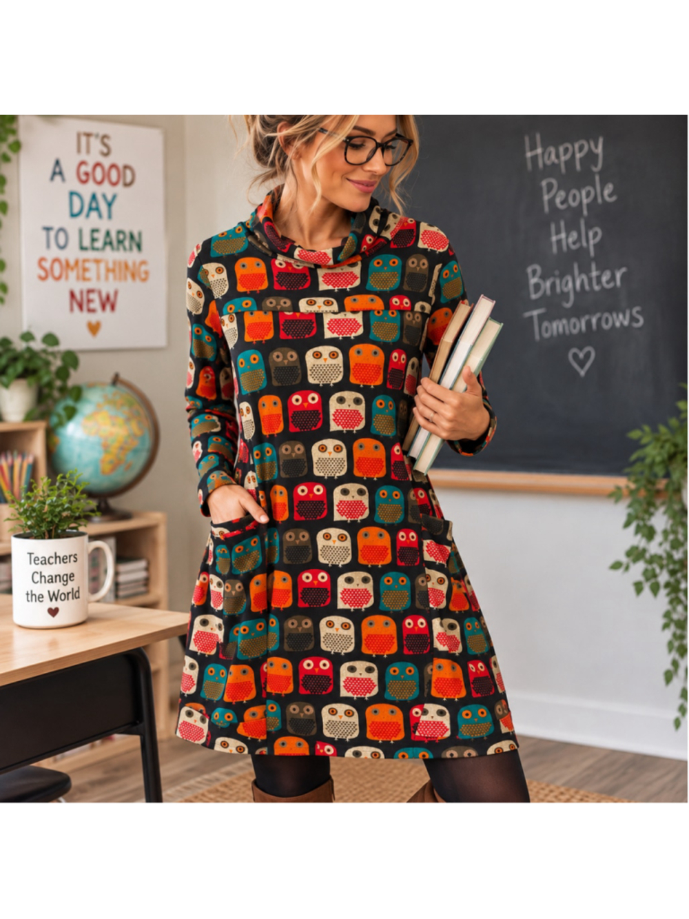 LA Soul Owl Print Dress L Cowl Neck Pockets Whimsical Teacher Retro Tunic
